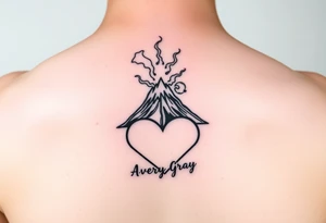Female Geometric Volcano tattoo erupting in a heart with text Avery Gray tattoo idea