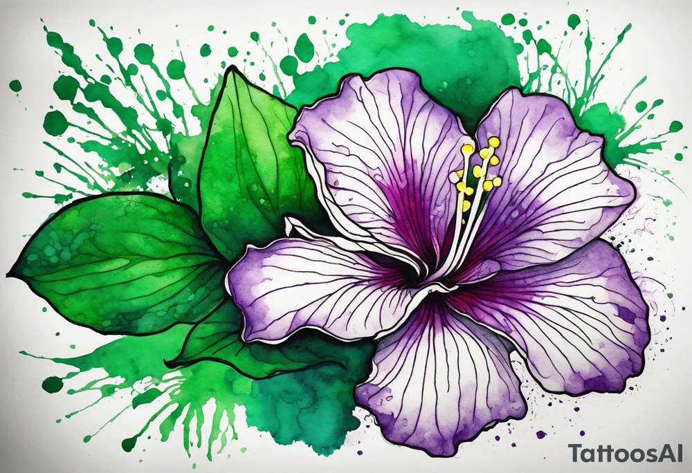 An outline of an only green rio dipladenia flower and a green and purple watercolor splash in the background tattoo idea