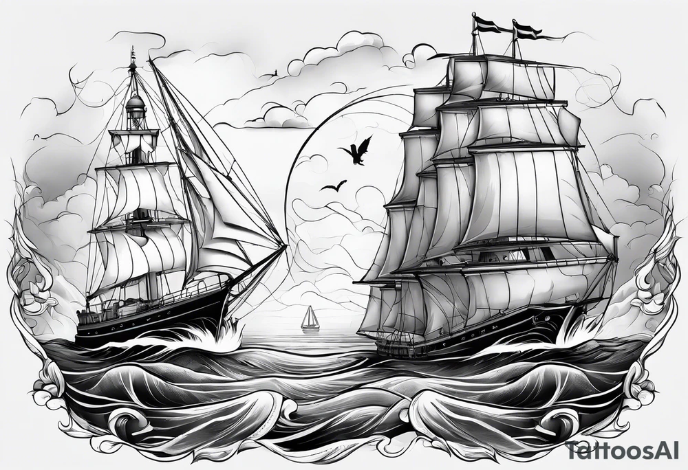 ghost marine lighthouse behind the bow of a sailboat. tattoo idea
