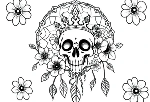 Mandala dream catcher with detailed beautiful gothic boho flowers on vine and skull with gorgeous crown tattoo idea