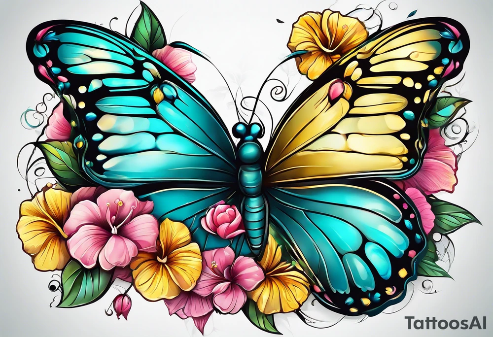 Butterfly made of flowers, hibiscus, roses, yellow, teal, pink tattoo idea