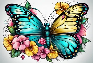 Butterfly made of flowers, hibiscus, roses, yellow, teal, pink tattoo idea