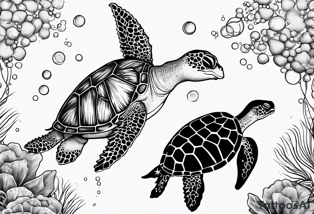 Small Starfish, Seahorse and turtle in a vertical line with bubbles tattoo idea Small Starfish, Seahorse and turtle in a vertical line with bubbles tattoo idea