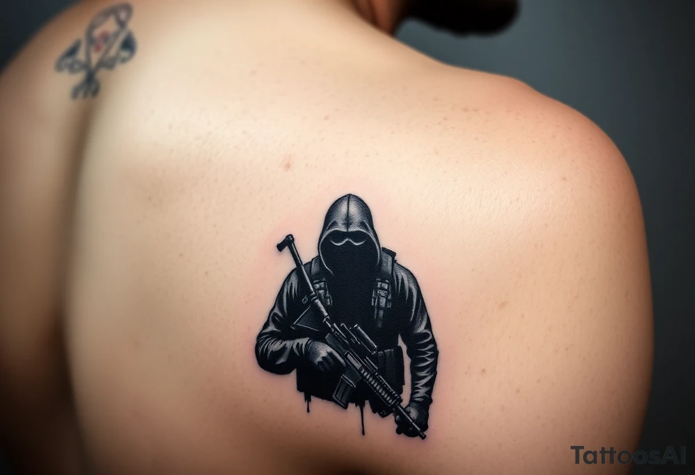 Minimalist covert operative symbolism representing loyalty and survival, faceless soldier silhouette emerging from darkness, torn fabric, subtle scars, controlled posture, black and grey realism, emotional restraint, understated strength, tattoo sleeve element. tattoo idea