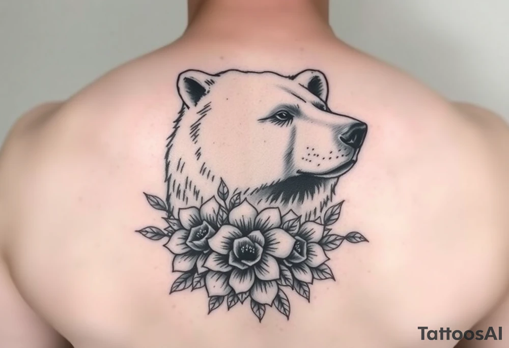 powerful majestic polar bear with flowers from Nunavut and representing pain, anger love and healing for front of neck tattoo idea