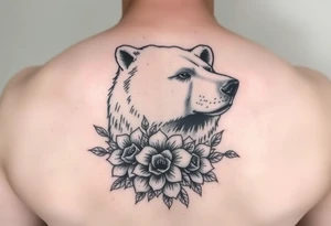 powerful majestic polar bear with flowers from Nunavut and representing pain, anger love and healing for front of neck tattoo idea