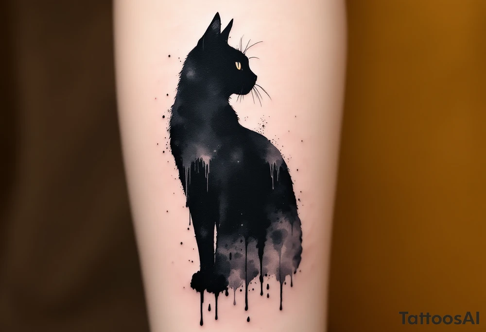 Ink Drip Cat Silhouette – A standing black silhouette with paint or ink dripping down from its paws, in jet black and fading gray. tattoo idea