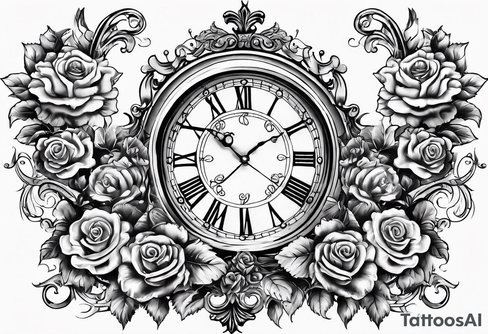 Half sleeve on arm of beautiful old fashion clock with roses, cherubs, angels, and the name chase Peter in a scroll tattoo idea