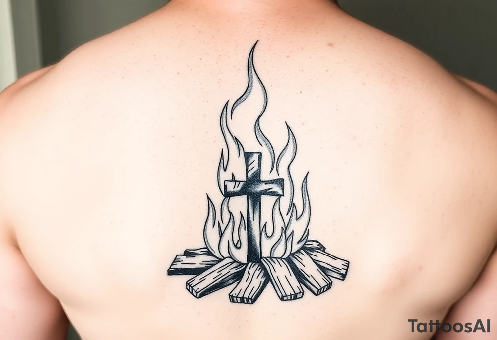 Campfire with a cross hidden in the flames tattoo idea