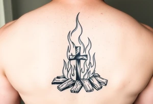 Campfire with a cross hidden in the flames tattoo idea