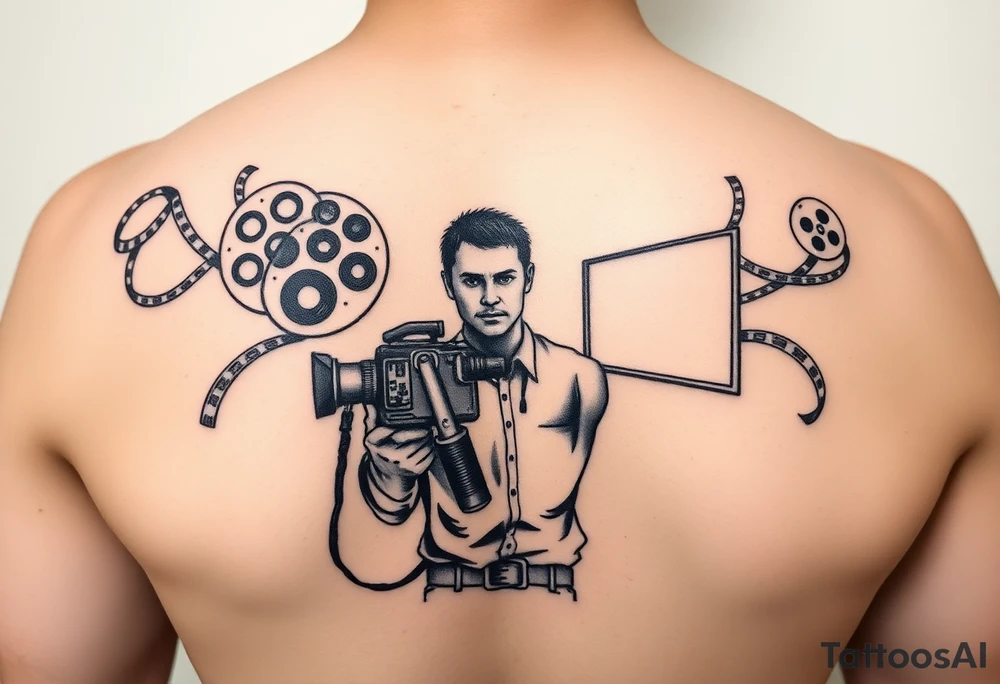 film reels cinematic person holding a camera and theatre screen tattoo idea