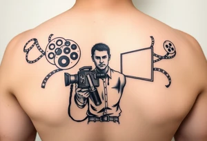 film reels cinematic person holding a camera and theatre screen tattoo idea