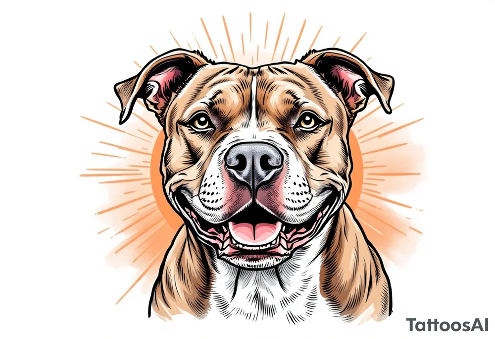 Portrait of a smiling pitbull, soft brown fur and white chest, playful expression, set against a sunburst background in warm orange tones. tattoo idea
