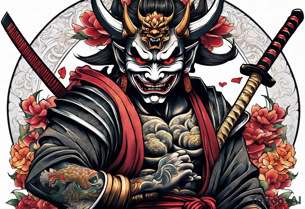 Full body Hannya  holding an ancient katana tattoo idea