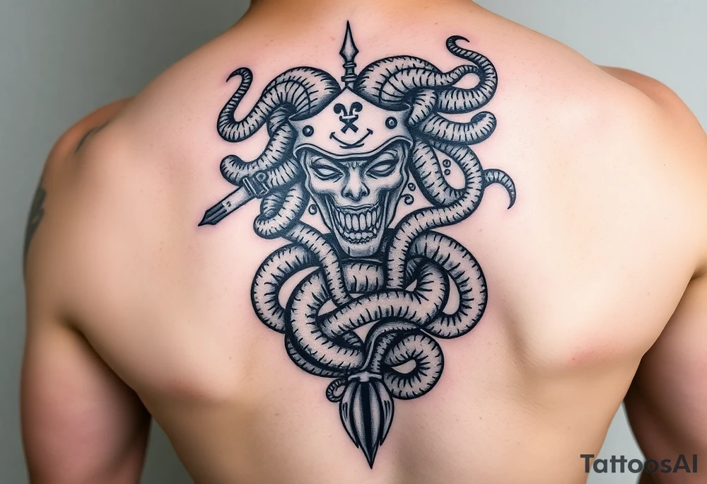 Vertical tattoo with Medusa head and coiled snakes with pirate ship with the kraken wrapped around it and poisiden at the bottom tattoo idea