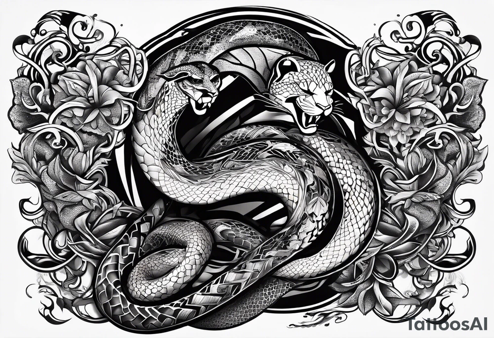 A snake and a panther To fight and wrap around the word "vitality" tattoo idea
