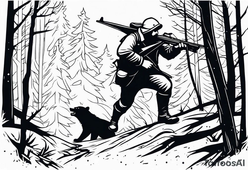 Hunter in the woods being attacked by a bear tattoo idea