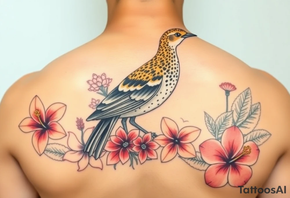 Female pacific golden plover (kolea) bird with heliconia flowers, hibiscus flowers, bird of paradise flowers, beehive ginger, shampoo ginger, red tahitian ginger, surrounded by crown flower lei, puakenikeni lei, and ti leaf lei in color detailed tattoo idea