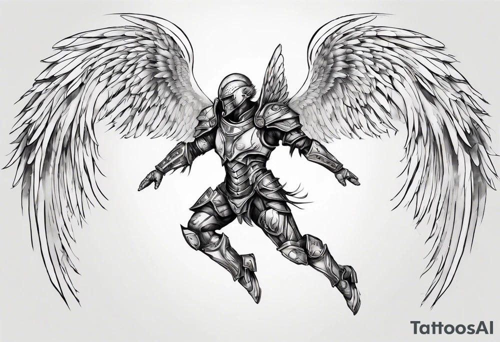 Side view of a good angel wearing inorganic armor that is in mid-air ready to attack tattoo idea