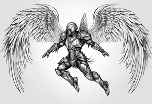 Side view of a good angel wearing inorganic armor that is in mid-air ready to attack tattoo idea