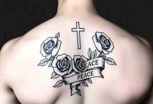 Hip hop religious rest in peace with roses and a banner for a name arm tattoo tattoo idea