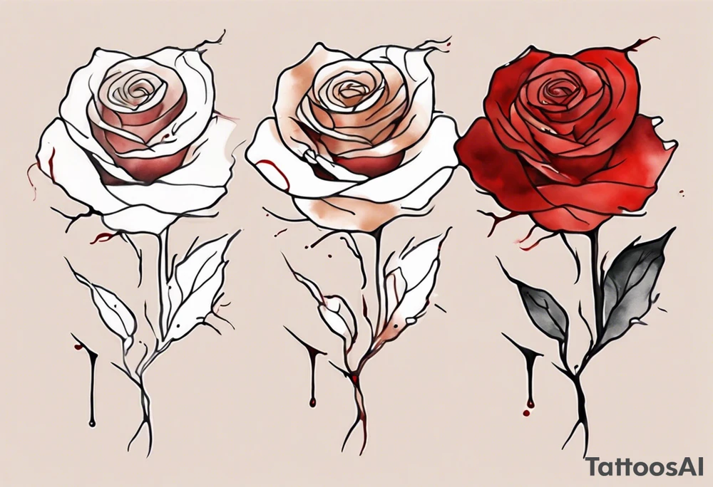 rose flower, one line, red blood dripping from the flower, tall, watercolor on light brown skin tattoo idea