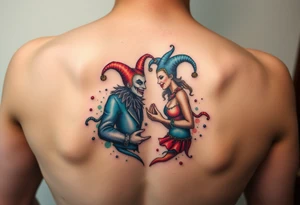 a toxic power jester couple holding each other tattoo idea