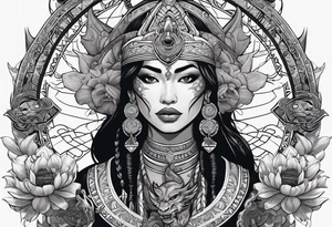 kali, valkrye, pirate, asian goddess, , warrior, native american, lotus, zenza resonance, skulls, dragon, pachamama, left side face, chest, right wing, tattoo idea