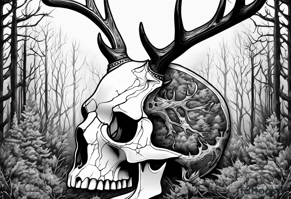 A side view of a decayed deer skull JUST BONE surrounded by trees and fire in background tattoo idea