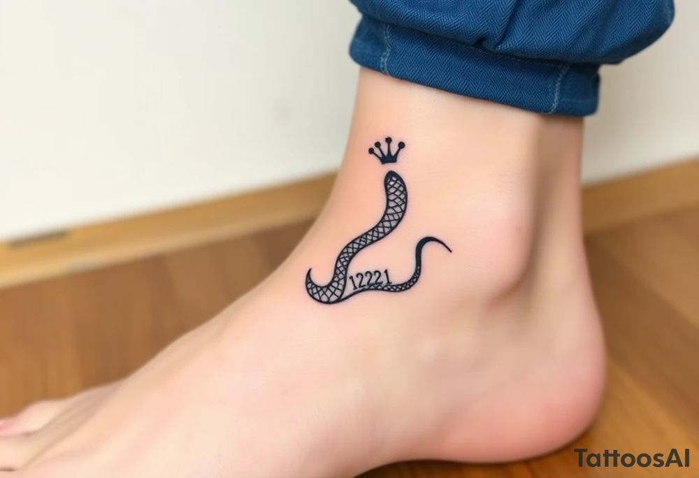 I want a small simple silhouette lines black and white wrist princess like girl snake tattoo that has number 12821 on its body along and also I want it to represent feminine energy crown queen Cycle tattoo idea