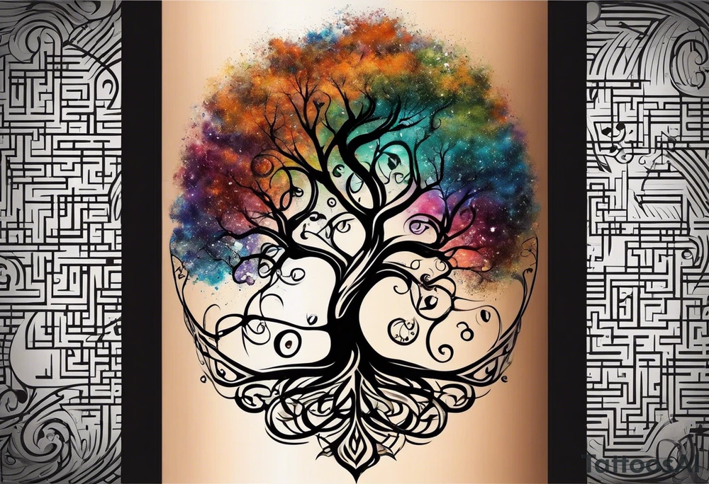 A tattoo design that incorporates the following elements: an abstract tree of life that has roots emerging  from the ground. Waves of water wrap around the tree in a non symmetrical design.  Incorporate musical notes into the tree. the letters U and A are overlapping and engraved into the tree. A golf flag incorporated but not prominent tattoo idea