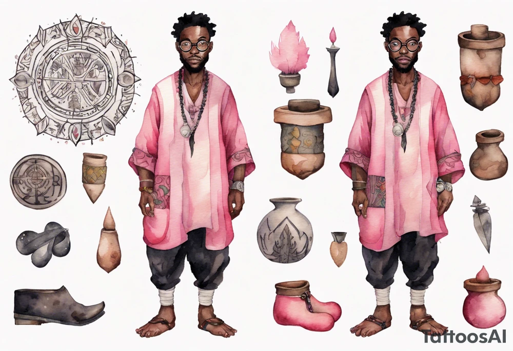 a medieval black man wearing round glasses, wearing a pink and black tunic, wearing mukluks tattoo idea