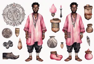 a medieval black man wearing round glasses, wearing a pink and black tunic, wearing mukluks tattoo idea