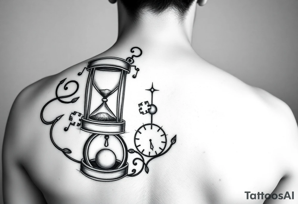 mother/son: music, hourglass, pocket watch, puzzle pieces, strength, forgiveness, love, infinity tattoo idea
