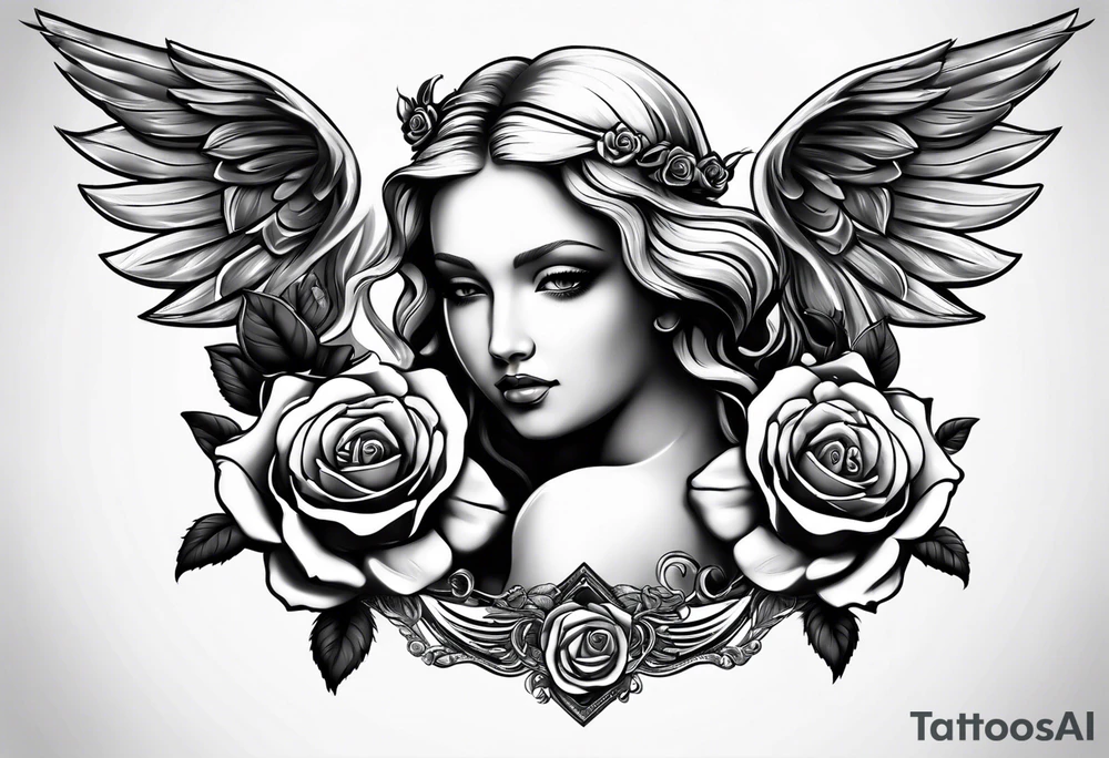 Angel, roses, name MARTINA tattoo idea