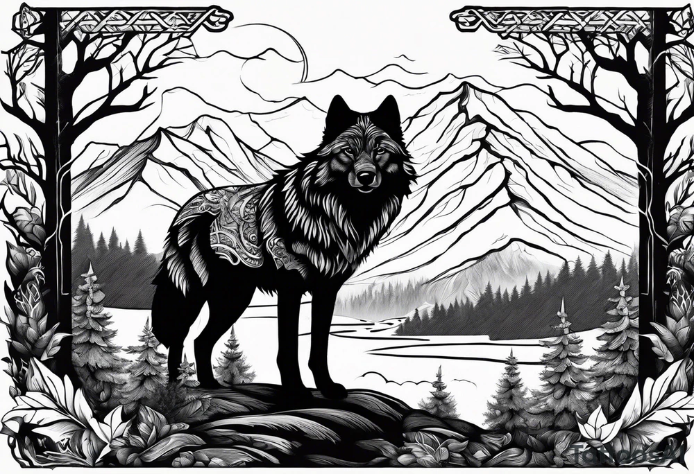 Böser Wolf
Keltische Runen
Vor einen Wald mit Bergen tattoo idea