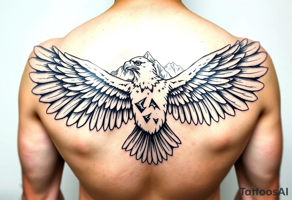 majestic eagle spreading wings against mountain peaks tattoo idea