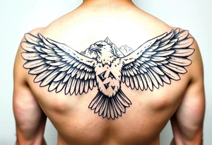 majestic eagle spreading wings against mountain peaks tattoo idea