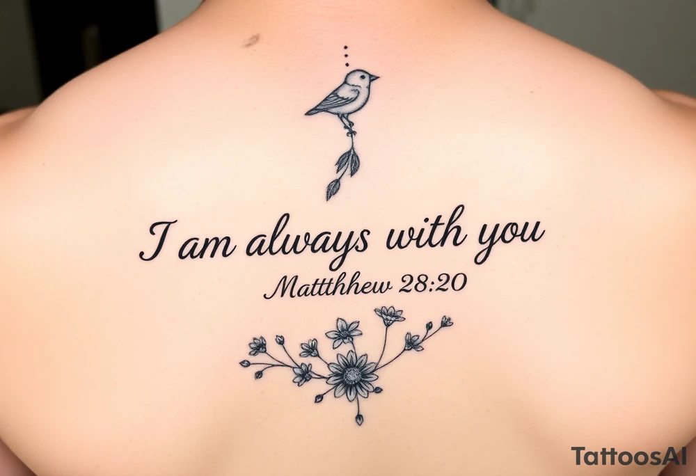 Bible verse “I am always with you Matthew 28:20” going horizontal down the spine  with a dainty bird on top with small flowers on the bottom tattoo idea