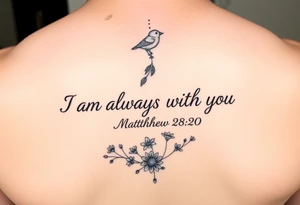 Bible verse “I am always with you Matthew 28:20” going horizontal down the spine  with a dainty bird on top with small flowers on the bottom tattoo idea