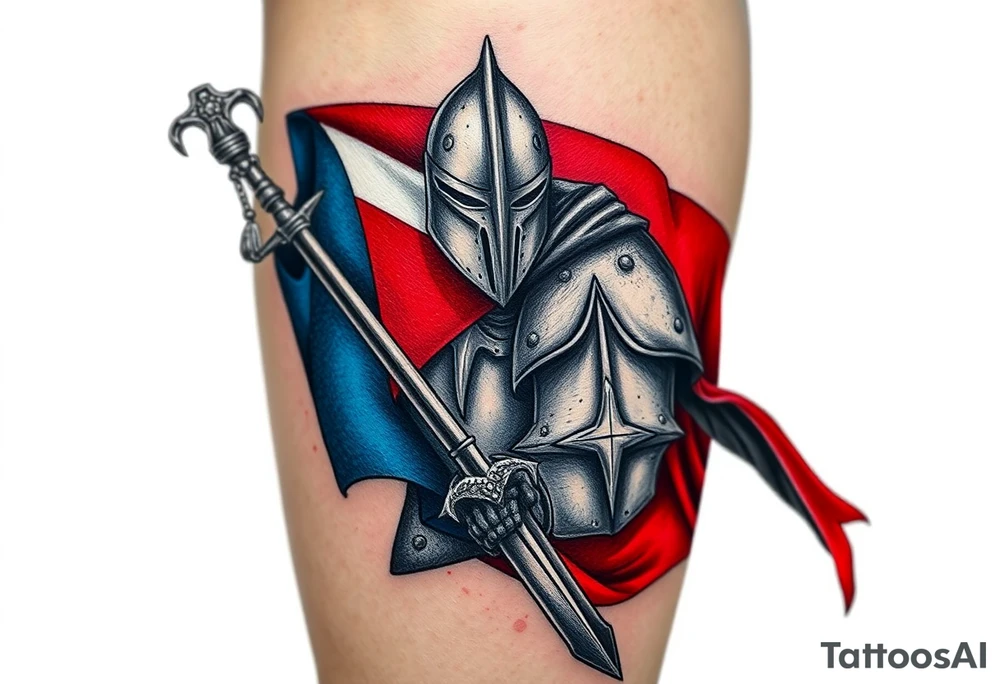 A knight in medieval armor holding a Czech flag (blue, white, red), inspired by Hussite warriors, with battle-worn silver and red tones. tattoo idea