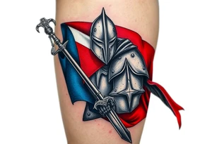 A knight in medieval armor holding a Czech flag (blue, white, red), inspired by Hussite warriors, with battle-worn silver and red tones. tattoo idea