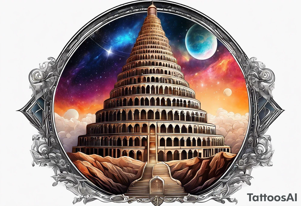 Babel tower with a cosmic background tattoo idea