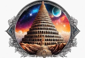 Babel tower with a cosmic background tattoo idea