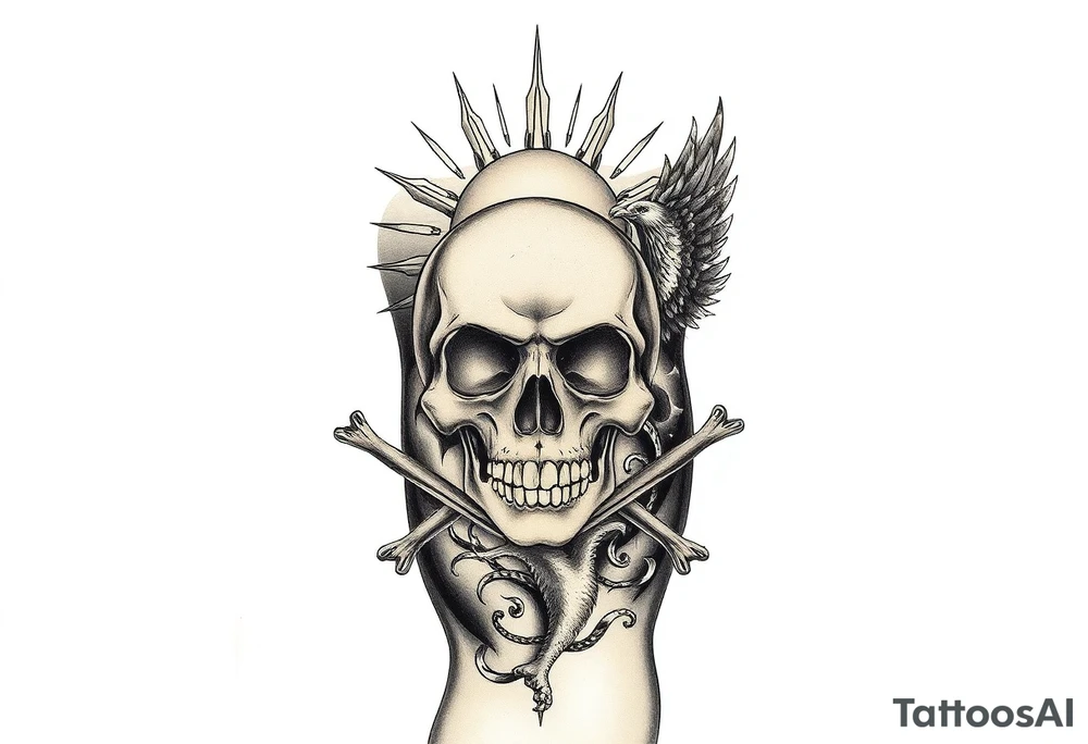Skull and crossbones, sun, phoenix, light house. tattoo idea