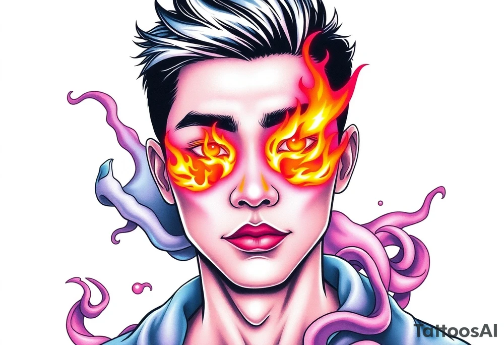 Handsome Asian young guy with flame instead of eyes tattoo idea