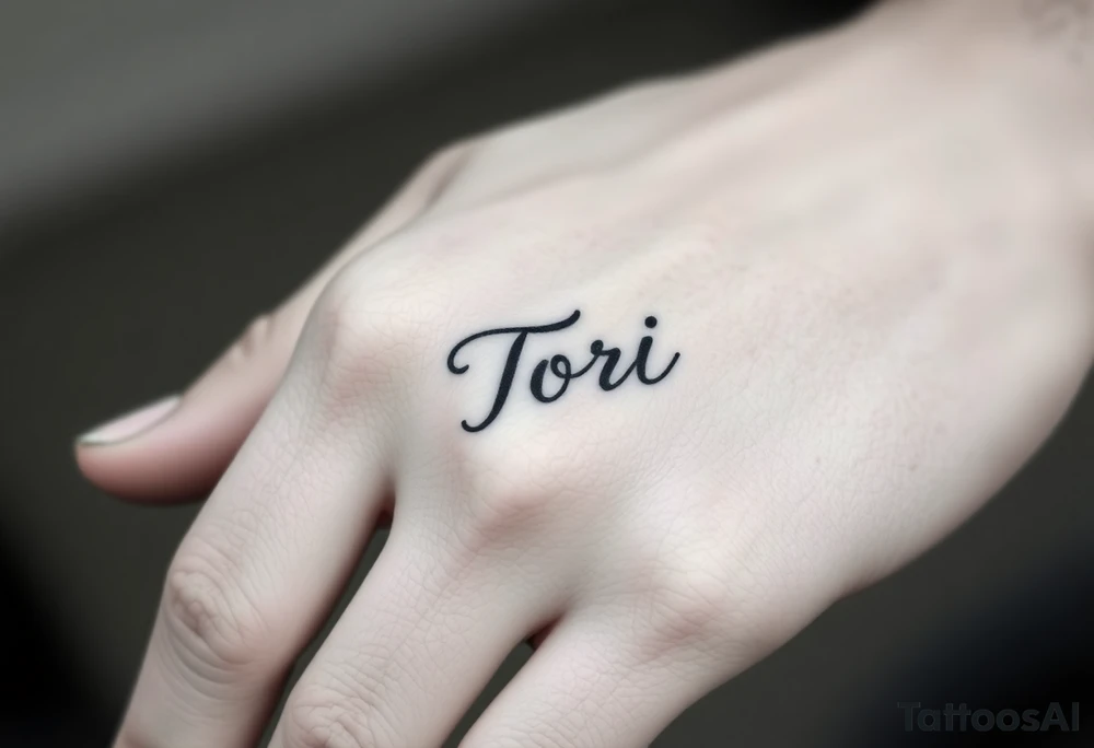 Hand tattoo with the name Tori on a man’s hand tattoo idea