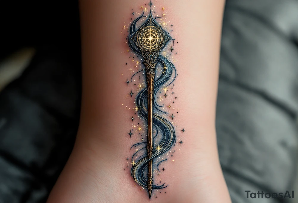 The Elder Wand extended vertically, surrounded by swirling gold and silver sparkles, representing its immense power. The wand’s wood and finish are in deep brown with golden accents, with magic emanating from the tip. tattoo idea
