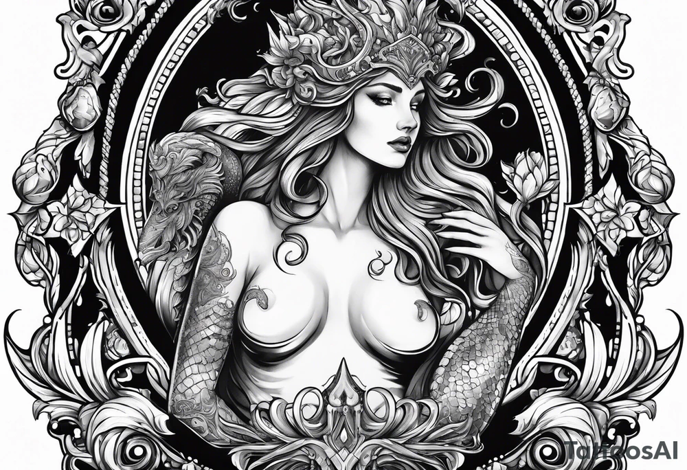 Aquarius water bearer, monster. With a gothic frame and mythological creatures. tattoo idea Aquarius water bearer, monster. With a gothic frame and mythological creatures. tattoo idea