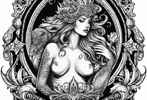 Aquarius water bearer, monster. With a gothic frame and mythological creatures. tattoo idea